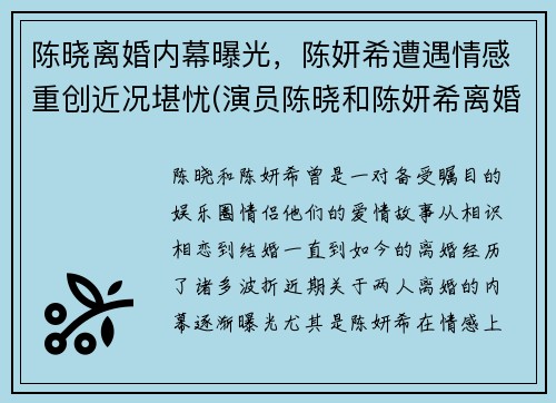 陈晓离婚内幕曝光，陈妍希遭遇情感重创近况堪忧(演员陈晓和陈妍希离婚了吗)