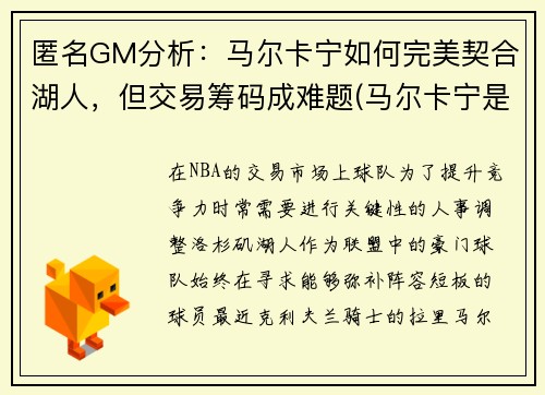匿名GM分析：马尔卡宁如何完美契合湖人，但交易筹码成难题(马尔卡宁是首发吗)
