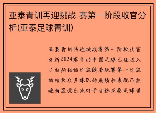 亚泰青训再迎挑战 赛第一阶段收官分析(亚泰足球青训)