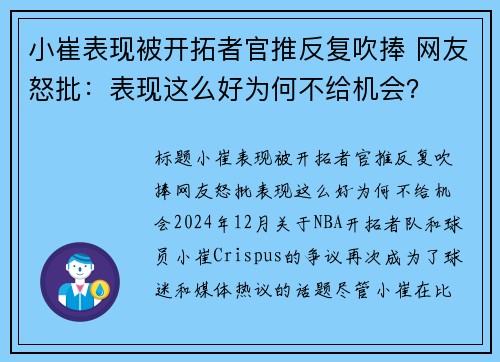 小崔表现被开拓者官推反复吹捧 网友怒批：表现这么好为何不给机会？