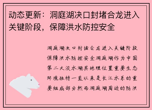 动态更新：洞庭湖决口封堵合龙进入关键阶段，保障洪水防控安全