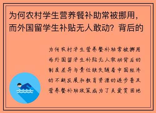 为何农村学生营养餐补助常被挪用，而外国留学生补贴无人敢动？背后的制度差异与责任缺失