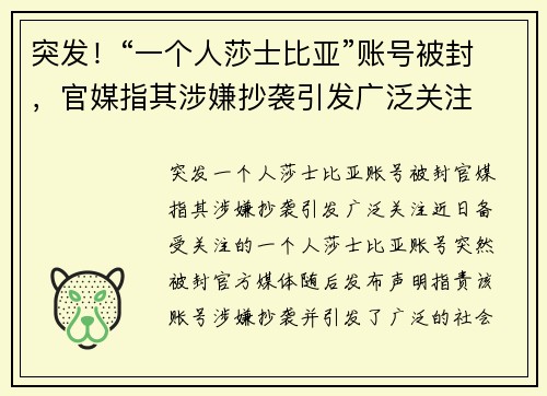 突发！“一个人莎士比亚”账号被封，官媒指其涉嫌抄袭引发广泛关注