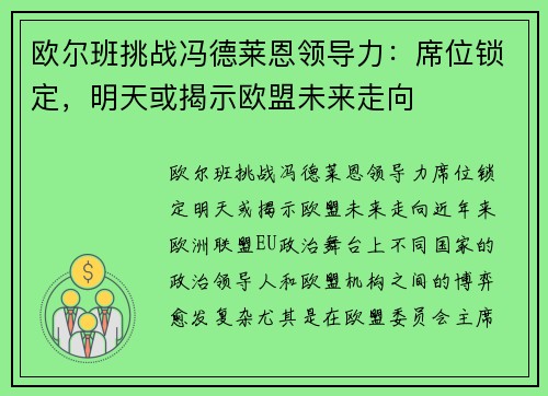 欧尔班挑战冯德莱恩领导力：席位锁定，明天或揭示欧盟未来走向