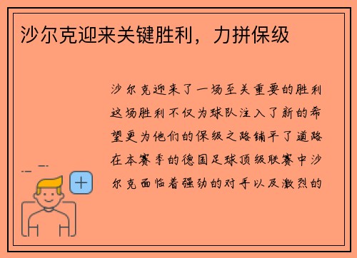 沙尔克迎来关键胜利，力拼保级