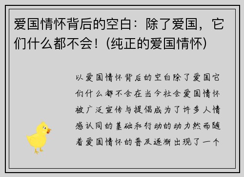 爱国情怀背后的空白：除了爱国，它们什么都不会！(纯正的爱国情怀)