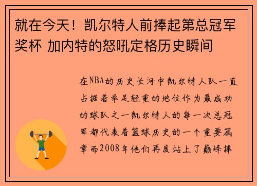 就在今天！凯尔特人前捧起第总冠军奖杯 加内特的怒吼定格历史瞬间