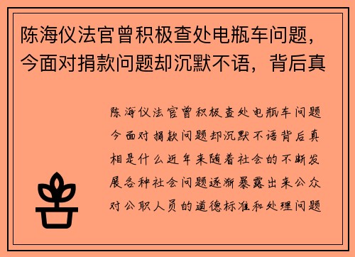 陈海仪法官曾积极查处电瓶车问题，今面对捐款问题却沉默不语，背后真相是什么？