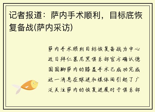 记者报道：萨内手术顺利，目标底恢复备战(萨内采访)