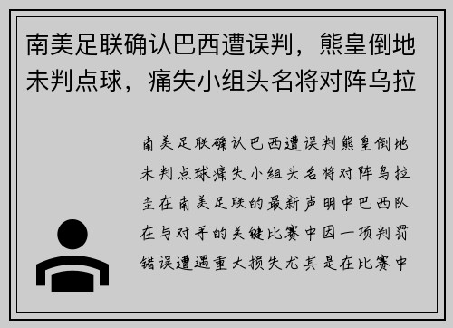 南美足联确认巴西遭误判，熊皇倒地未判点球，痛失小组头名将对阵乌拉圭